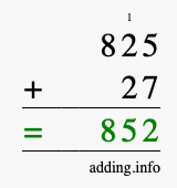 Calculate 825 + 27 using long addition