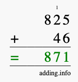 Calculate 825 + 46 using long addition