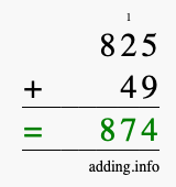 Calculate 825 + 49 using long addition
