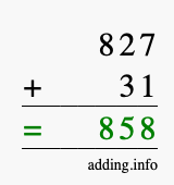 Calculate 827 + 31 using long addition