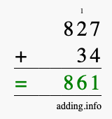 Calculate 827 + 34 using long addition