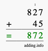 Calculate 827 + 45 using long addition