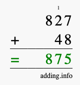Calculate 827 + 48 using long addition