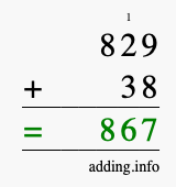 Calculate 829 + 38 using long addition