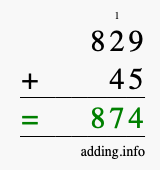 Calculate 829 + 45 using long addition