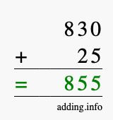 Calculate 830 + 25 using long addition