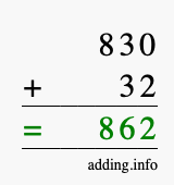Calculate 830 + 32 using long addition