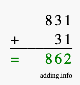 Calculate 831 + 31 using long addition