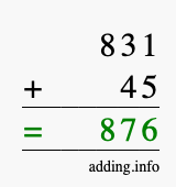 Calculate 831 + 45 using long addition