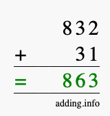 Calculate 832 + 31 using long addition