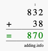 Calculate 832 + 38 using long addition