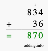 Calculate 834 + 36 using long addition