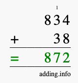 Calculate 834 + 38 using long addition
