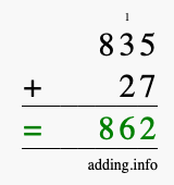 Calculate 835 + 27 using long addition