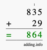Calculate 835 + 29 using long addition