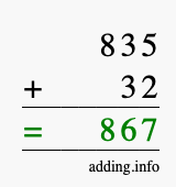 Calculate 835 + 32 using long addition