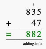 Calculate 835 + 47 using long addition