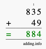 Calculate 835 + 49 using long addition