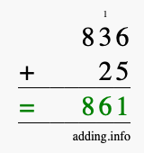 Calculate 836 + 25 using long addition