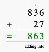 Calculate 836 + 27 using long addition