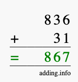 Calculate 836 + 31 using long addition