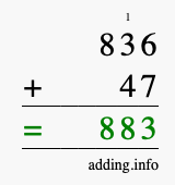 Calculate 836 + 47 using long addition