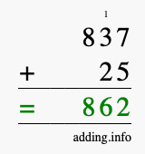 Calculate 837 + 25 using long addition