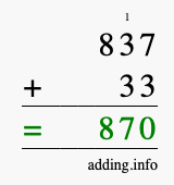 Calculate 837 + 33 using long addition