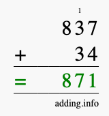 Calculate 837 + 34 using long addition