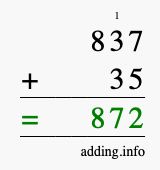 Calculate 837 + 35 using long addition