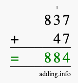 Calculate 837 + 47 using long addition