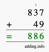 Calculate 837 + 49 using long addition
