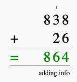 Calculate 838 + 26 using long addition