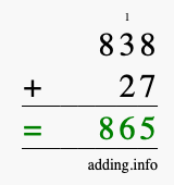 Calculate 838 + 27 using long addition