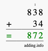 Calculate 838 + 34 using long addition
