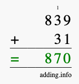 Calculate 839 + 31 using long addition