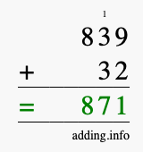 Calculate 839 + 32 using long addition