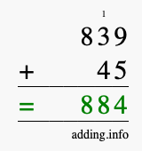 Calculate 839 + 45 using long addition