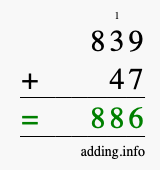 Calculate 839 + 47 using long addition