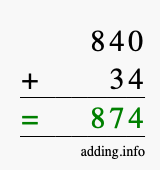 Calculate 840 + 34 using long addition