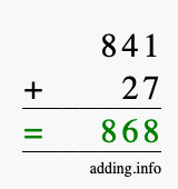 Calculate 841 + 27 using long addition