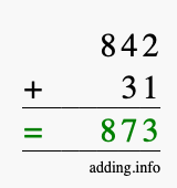Calculate 842 + 31 using long addition