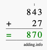 Calculate 843 + 27 using long addition