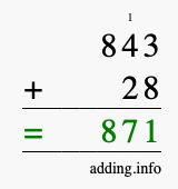 Calculate 843 + 28 using long addition