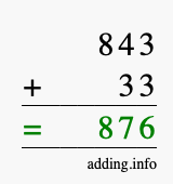 Calculate 843 + 33 using long addition