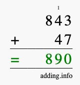 Calculate 843 + 47 using long addition