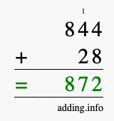 Calculate 844 + 28 using long addition
