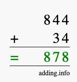 Calculate 844 + 34 using long addition