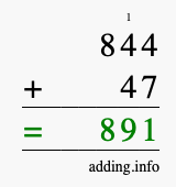Calculate 844 + 47 using long addition