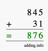 Calculate 845 + 31 using long addition
